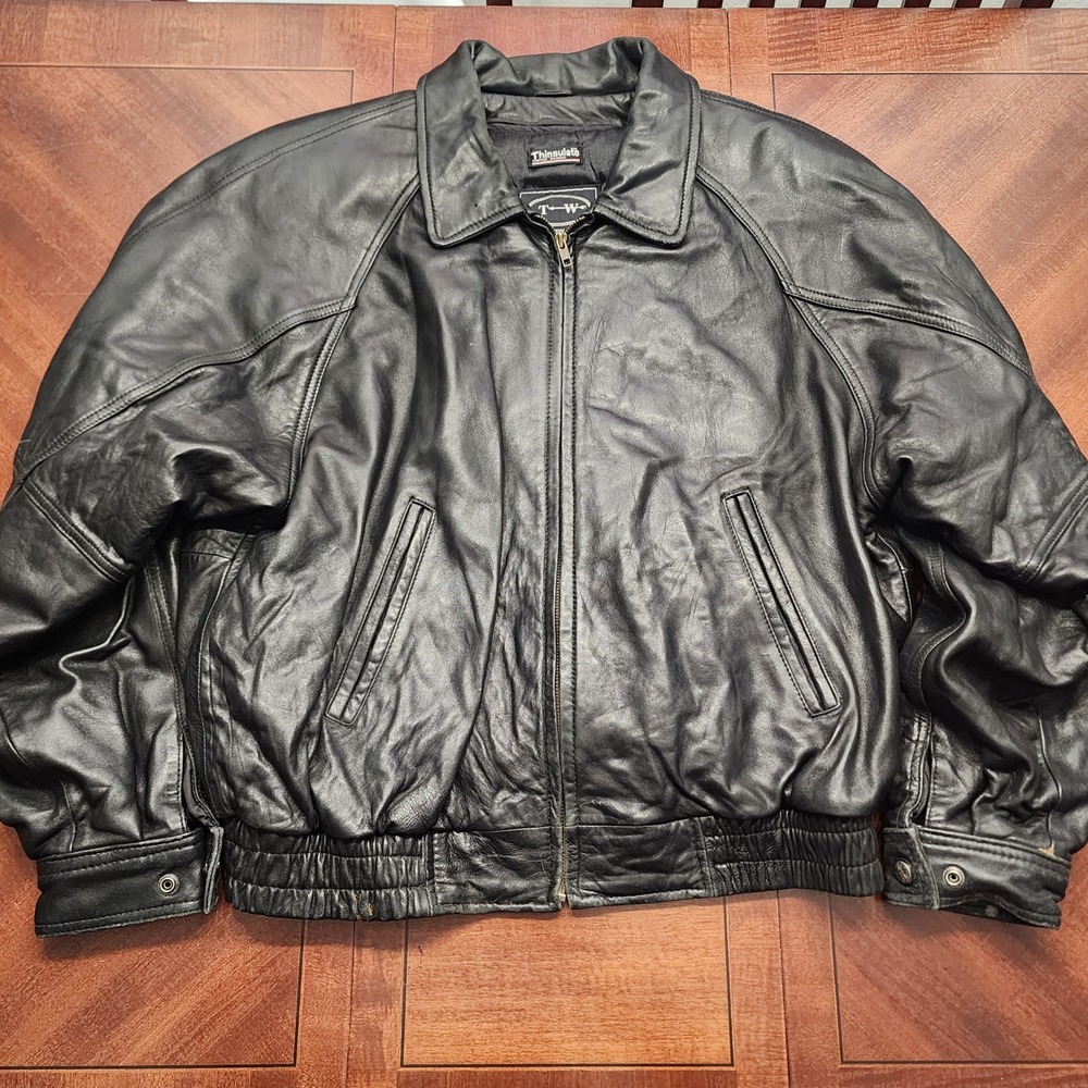 Vintage 90s Tannery West Jacket Mens L Black Leather Bomber Thinsulate Pockets